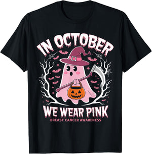 Breast Cancer Women Halloween Ghost In October We Wear Pink T-Shirt - T-Shirt | Black