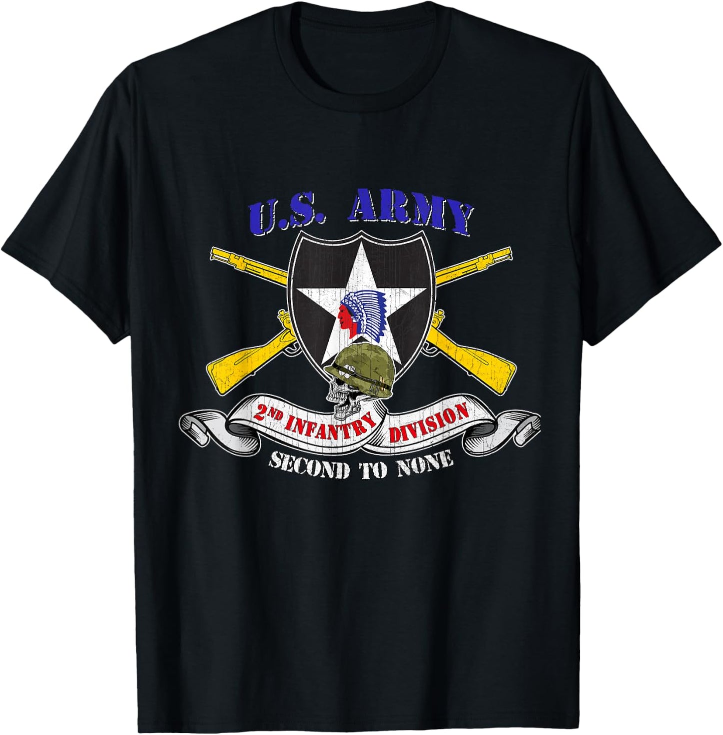 2nd Infantry Division Veteran 2ID - Adults - Black - Small - Short Sleeve - Modern Classic Fit U-Neck - Military Veteran T-Shirt - T-Shirt | Black