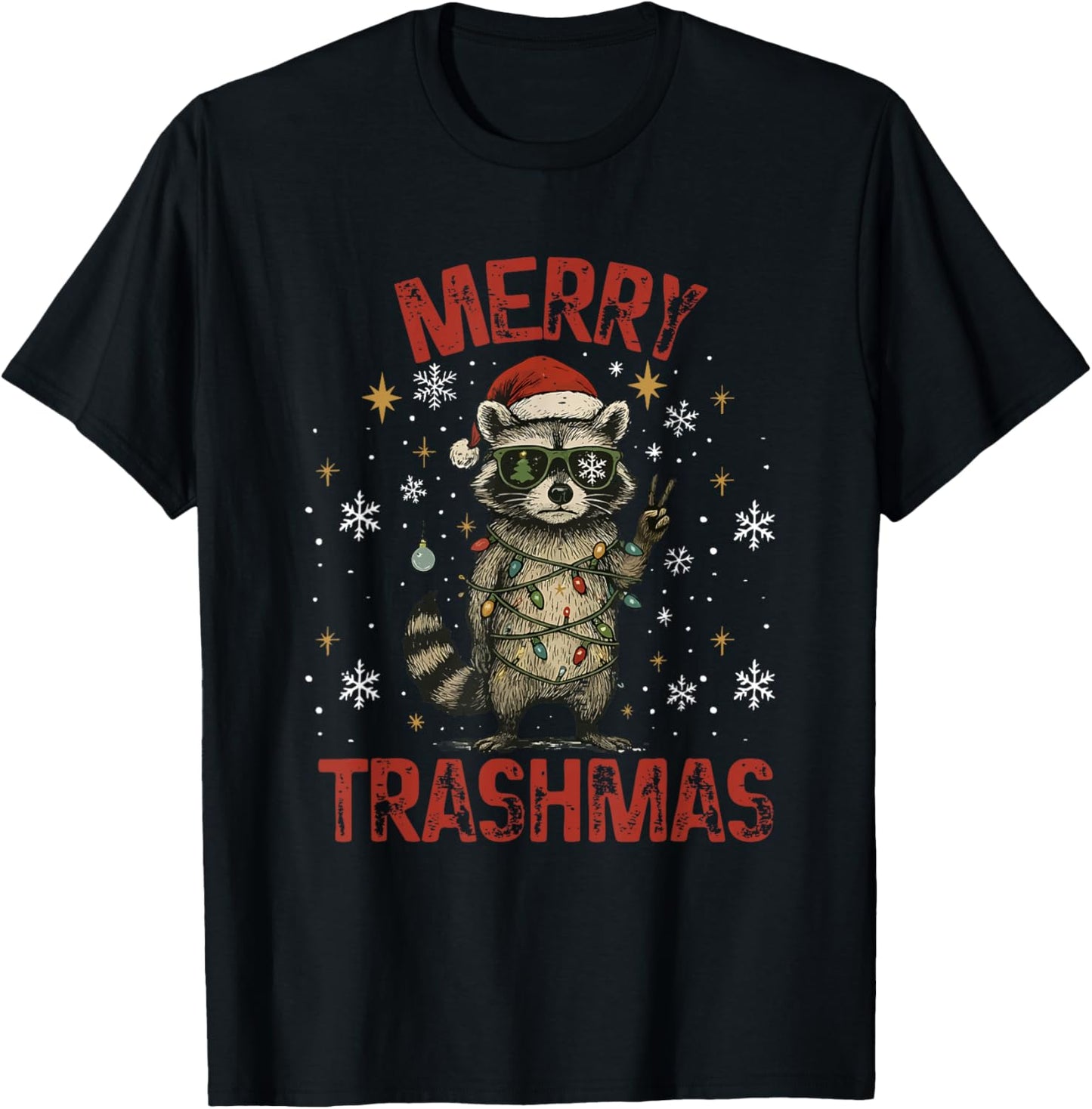 Merry Trashmas Raccoon Christmas Lights Funny Xmas Holiday T-Shirt - T-Shirt | Black