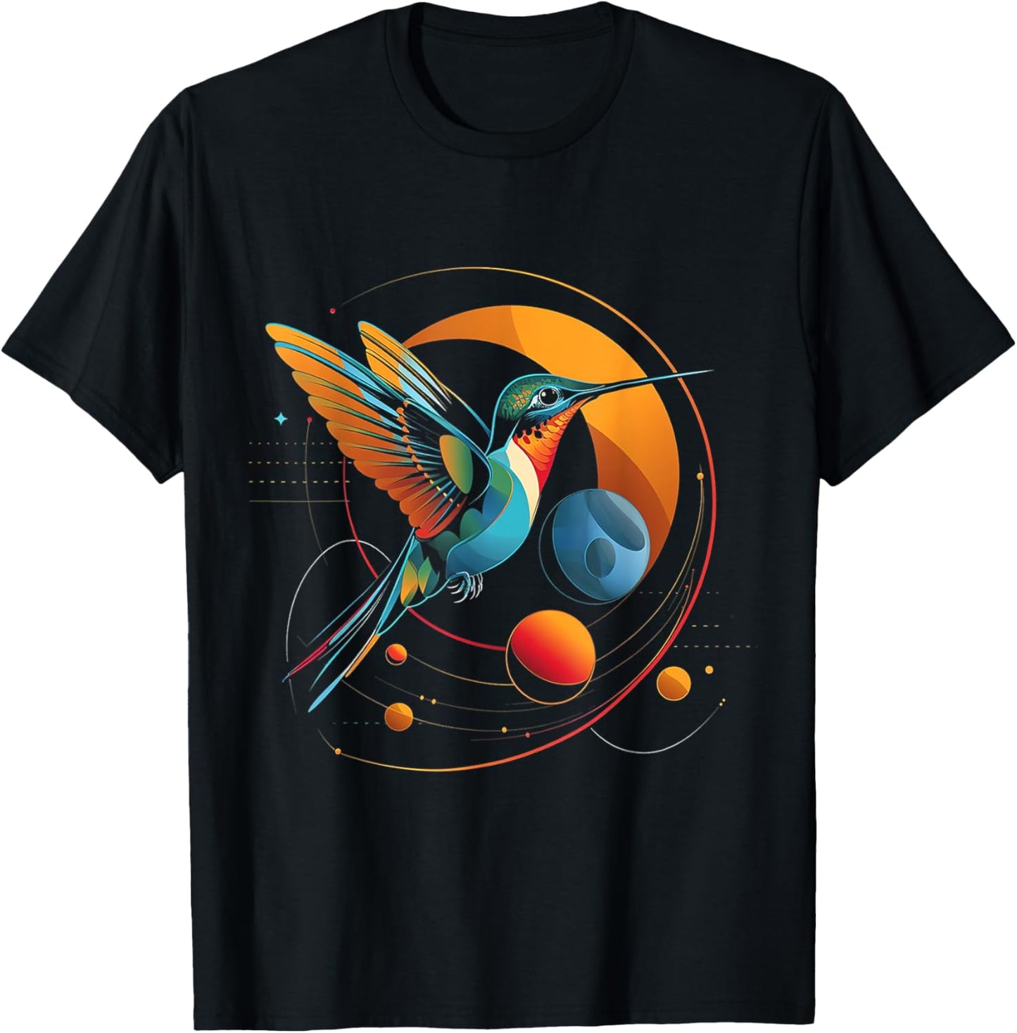 Hummingbird Planets Geometric Fantasy Animal Art Bird T-Shirt - T-Shirt | Black