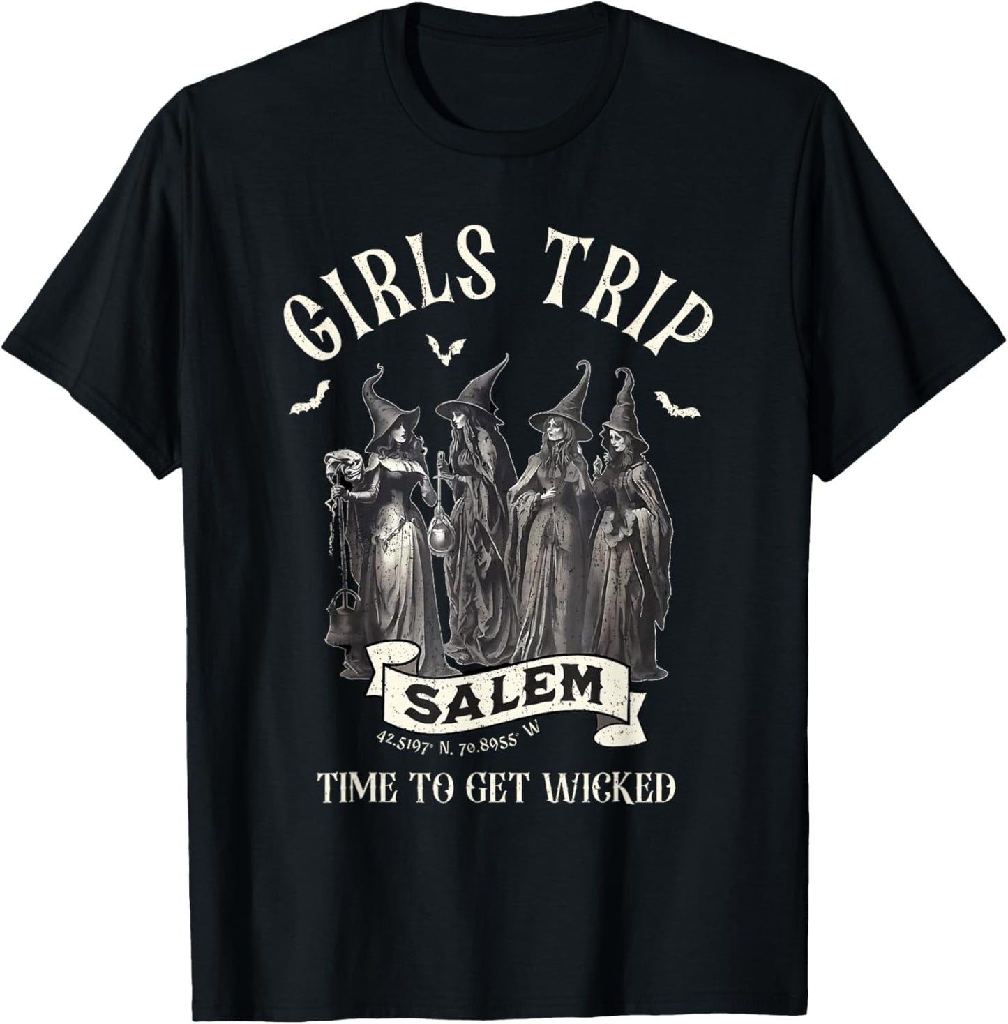 Vintage Girls Trip to Salem Time To Get Wicked Halloween T-Shirt - T-Shirt | Black