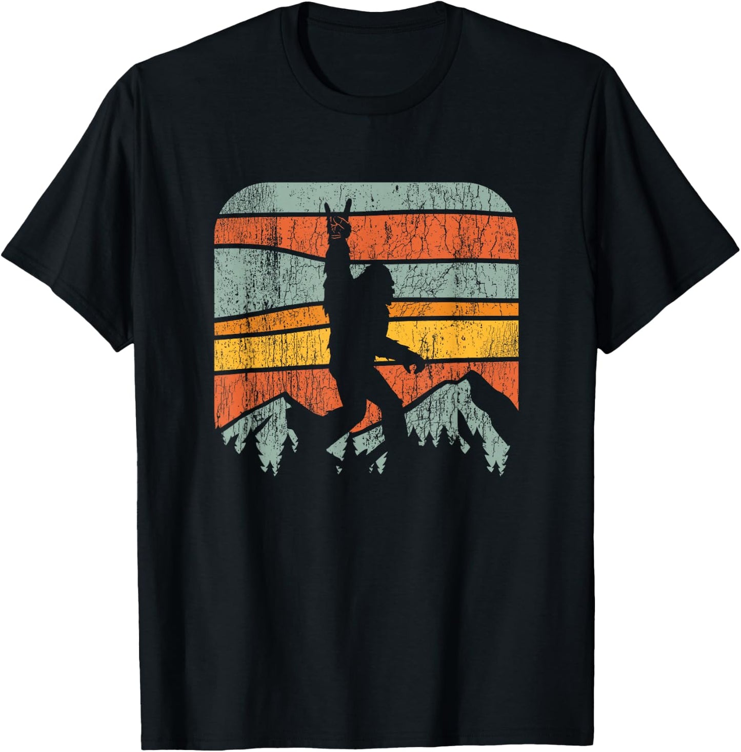 Bigfoot Rock and Roll Retro Mountain Sunset Sasquatch Gift T-Shirt - T-Shirt | Black