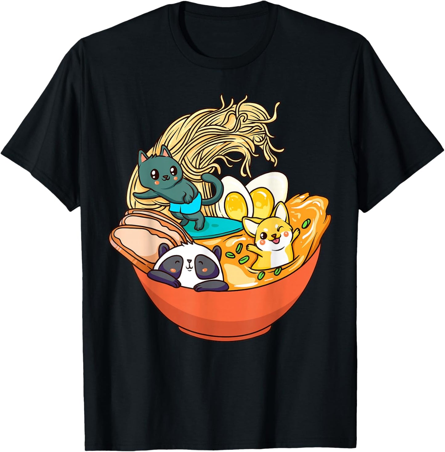 Cute Kawaii Cat Ramen Bowl Japanese Anime Panda Dog Noodle T-Shirt - T-Shirt | Black