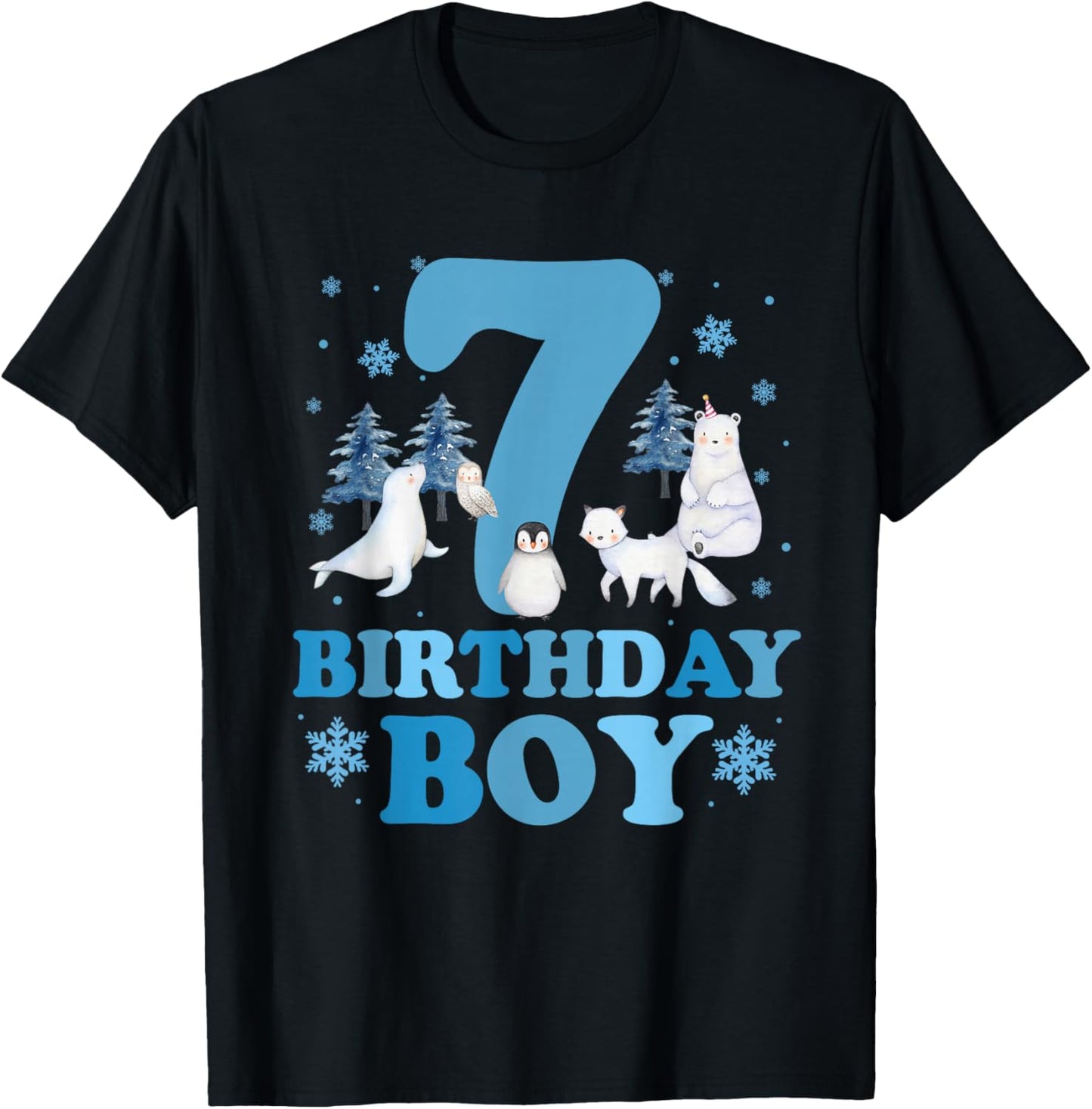 Winter 7th Birthday Boy Arctic Animals 7 Year Old Birthday T-Shirt - T-Shirt | Black