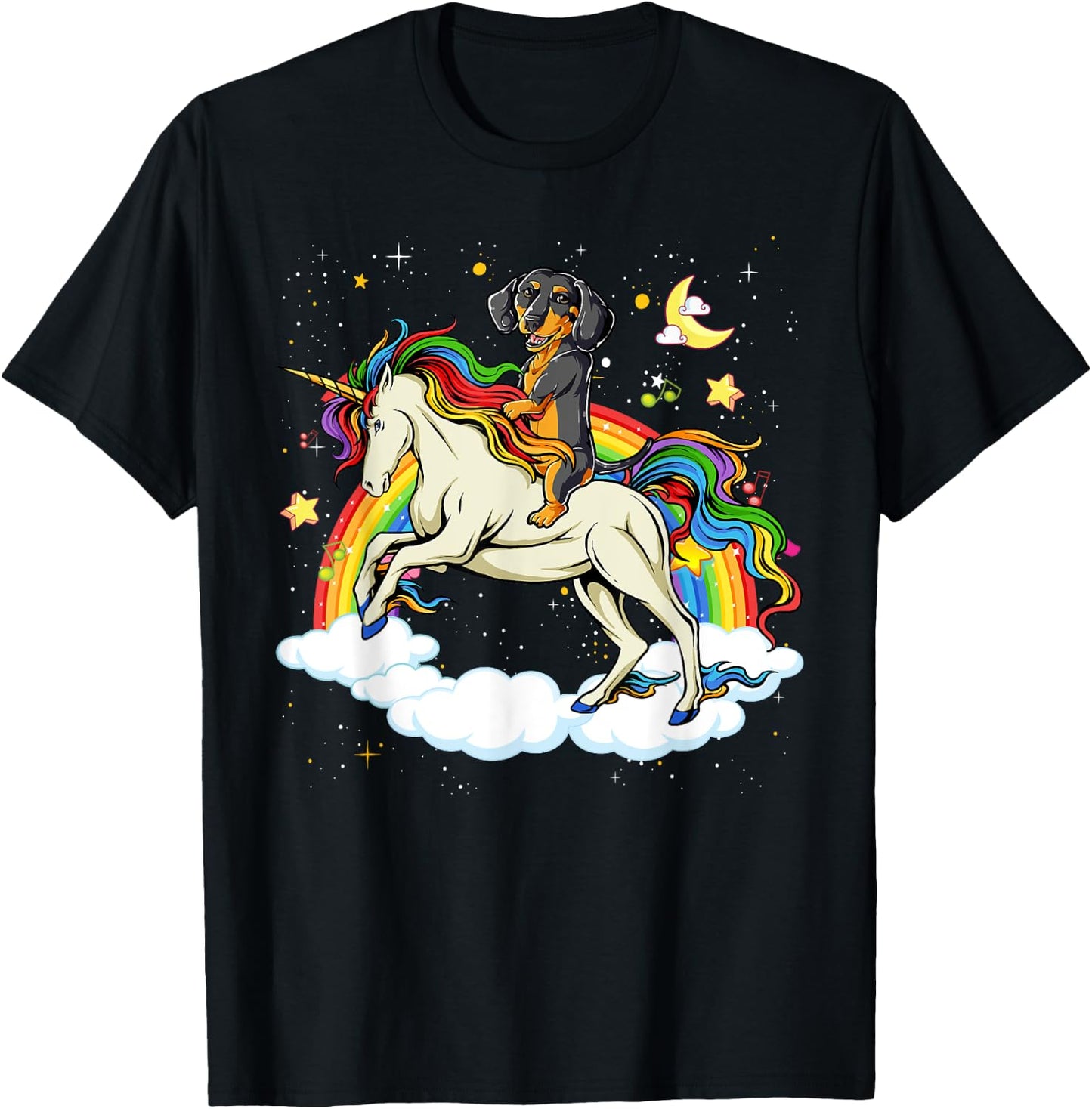 Funny Dachshund Dog Riding Unicorn & Rainbow Boys Kids Girls T-Shirt - T-Shirt | Black