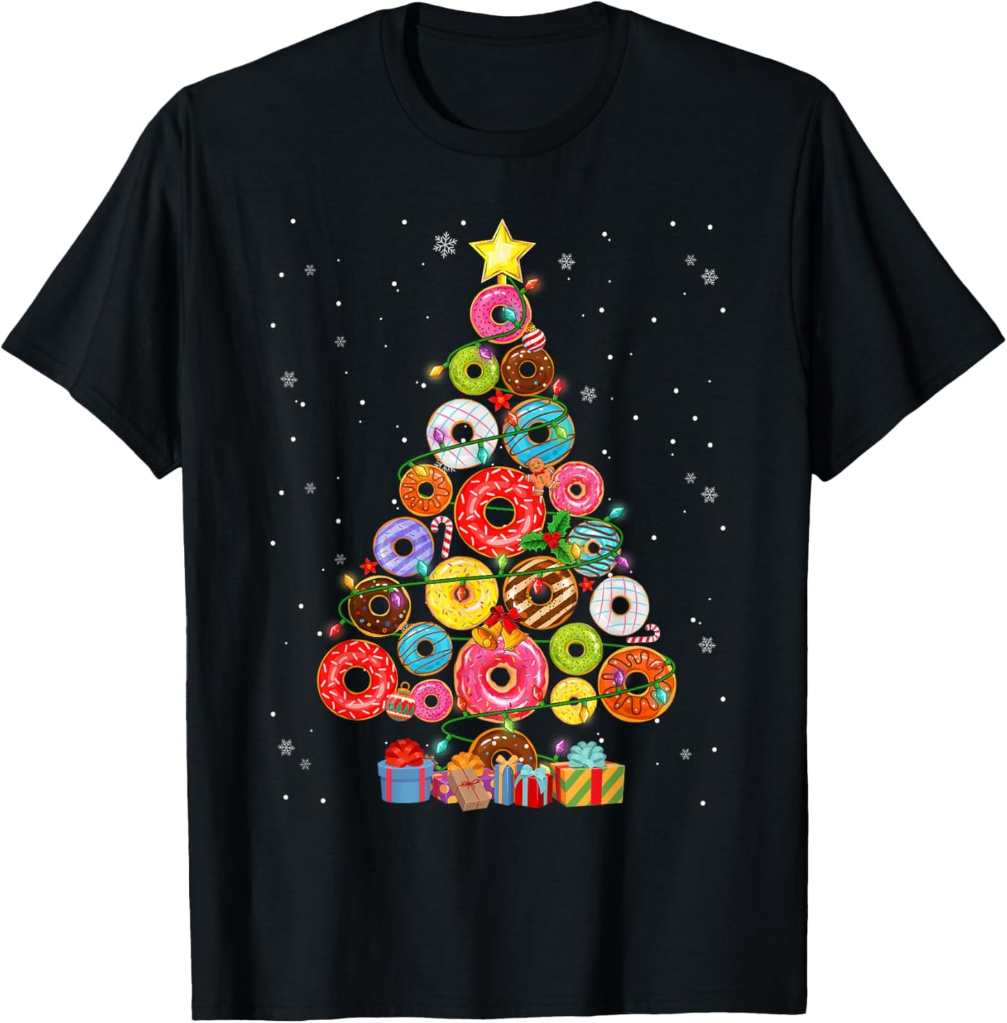 Funny Donuts Christmas Tree Lights Xmas PJS Boys Kids Girls T-Shirt - T-Shirt | Black