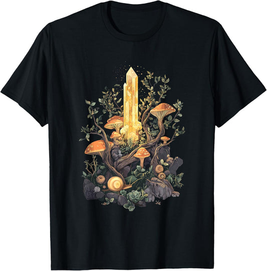 Crystal with Forest Mushrooms and Snails - Goblincore T-Shirt - T-Shirt | Black