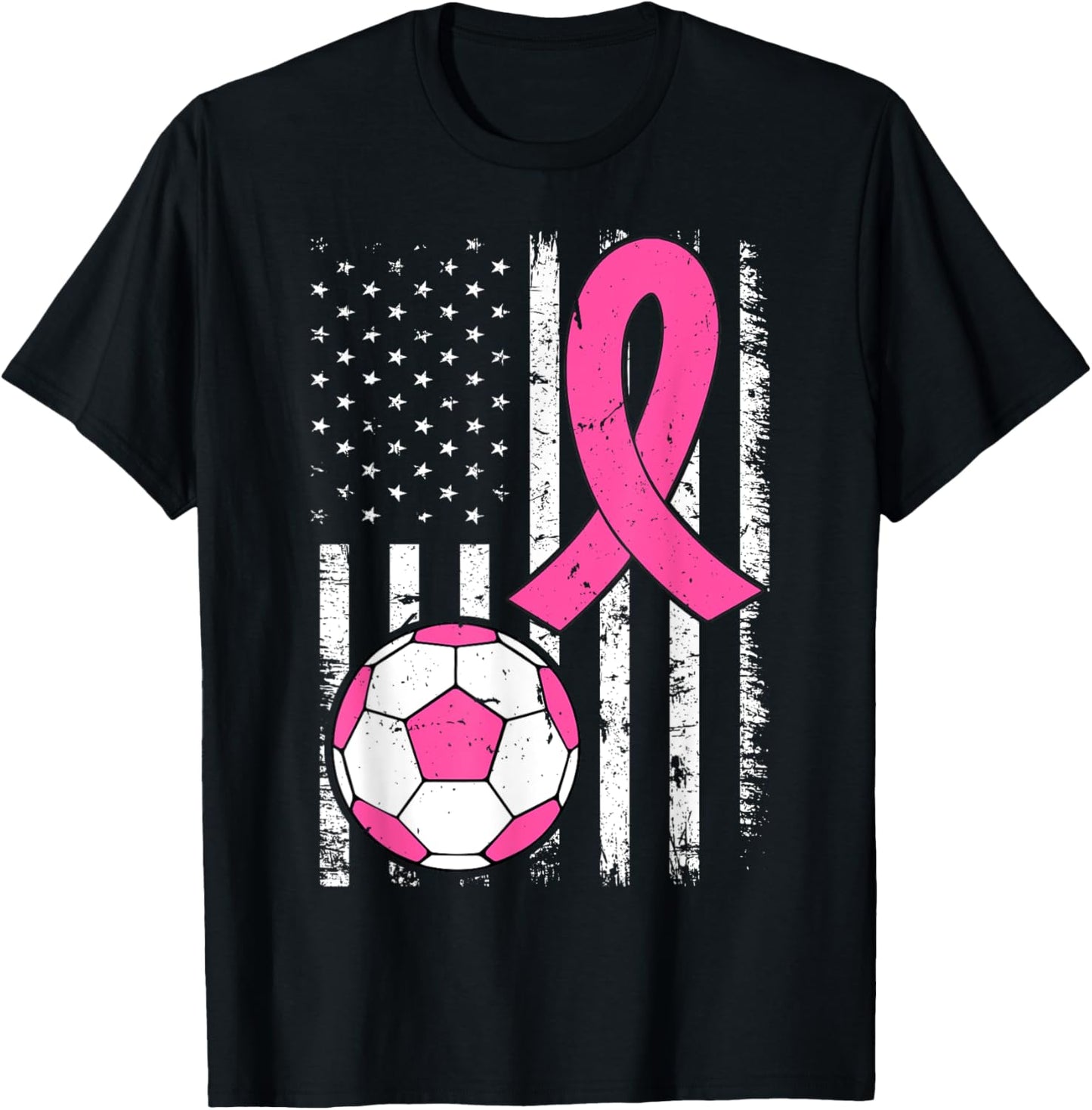 Soccer Ball Ribbon US Flag Breast Cancer Awareness Pink T-Shirt - T-Shirt | Black