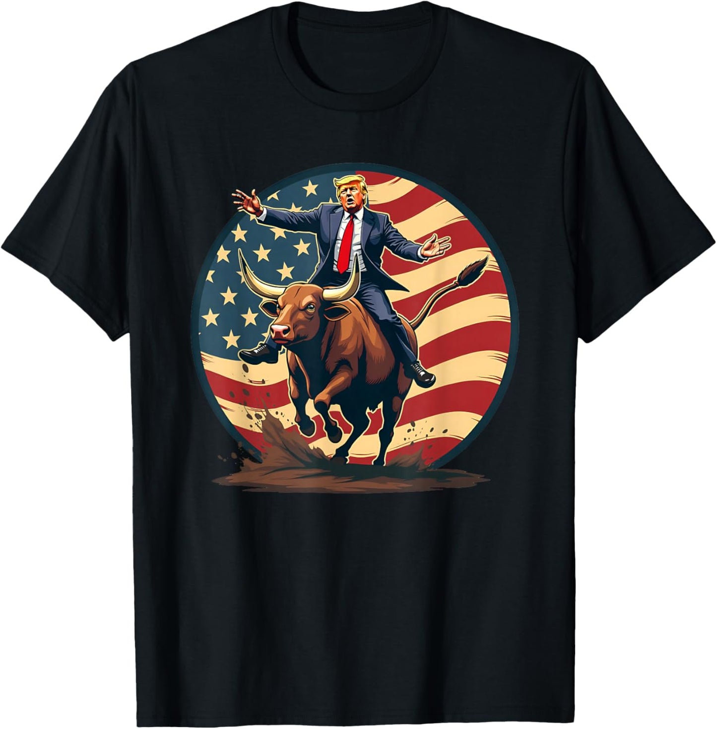 Trump Bull Rider American Flag USA Riding Rodeo Cowboy T-Shirt - T-Shirt | Black