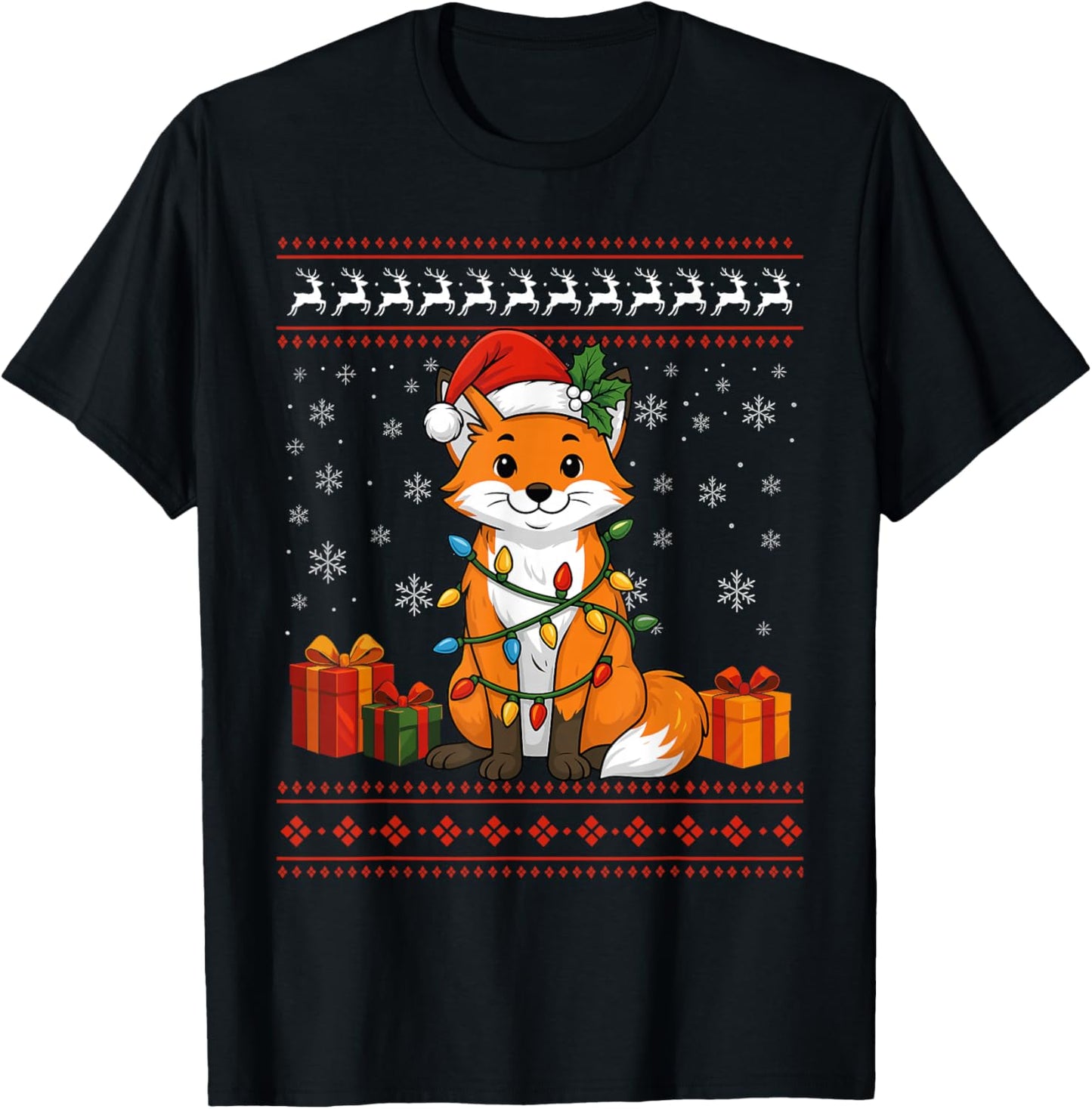 Fox Christmas Ugly Sweater Fox Graphic T-Shirt - T-Shirt | Black