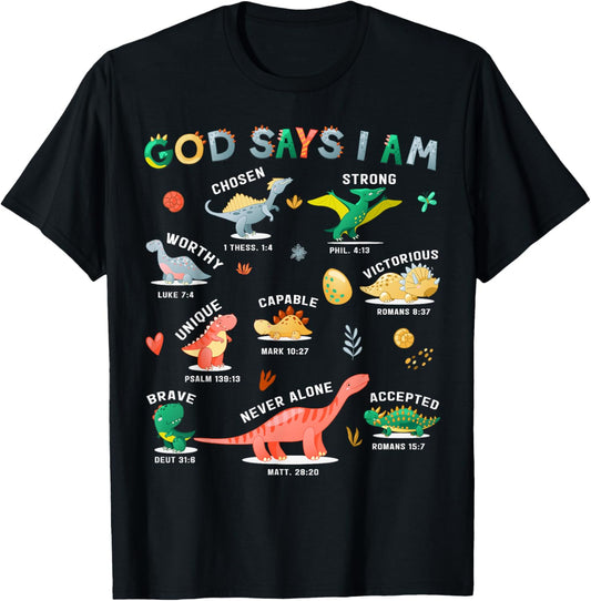 God Says I Am Dinosaur Funny Toddler Kids Bible Verse T-Shirt - T-Shirt | Black