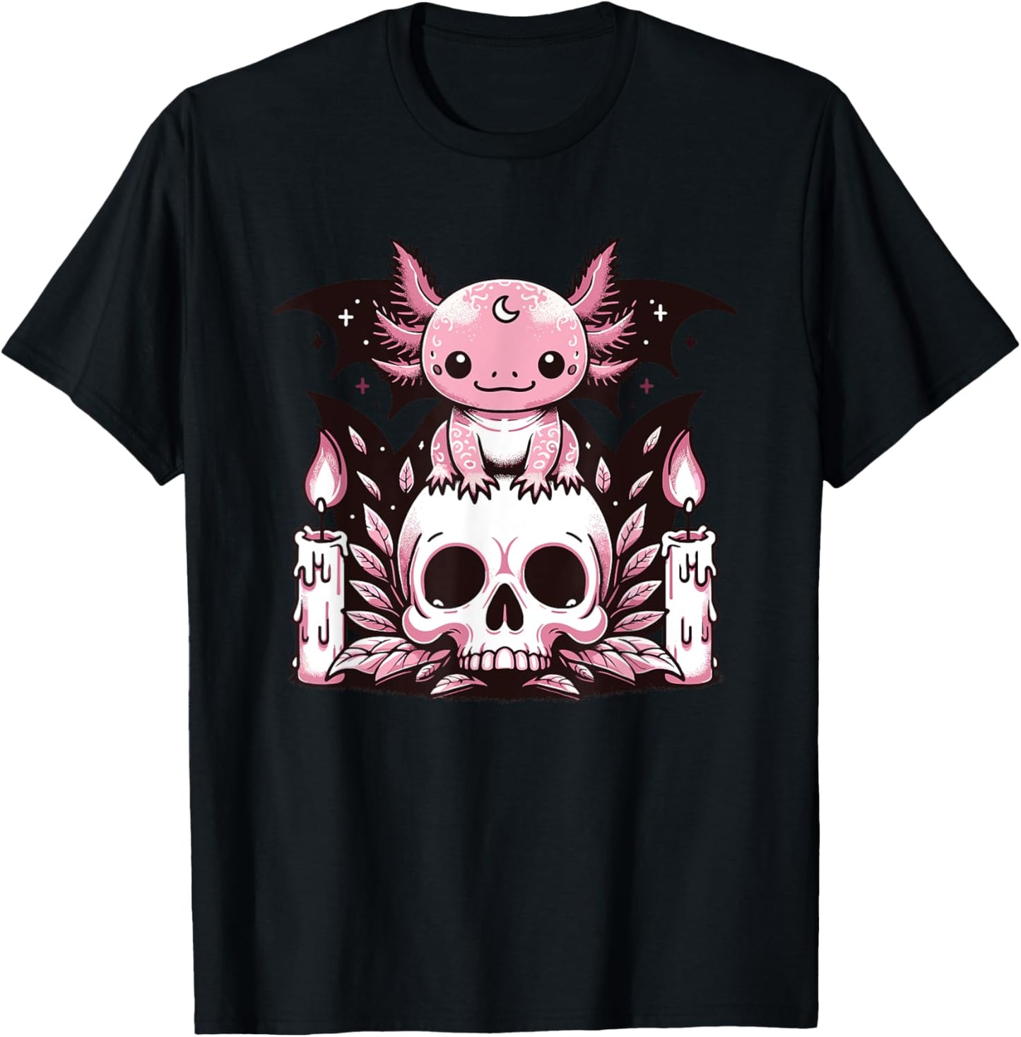 Kawaii Pastel Goth Cute Creepy Axolotl Bat Skeleton T-Shirt - T-Shirt | Black