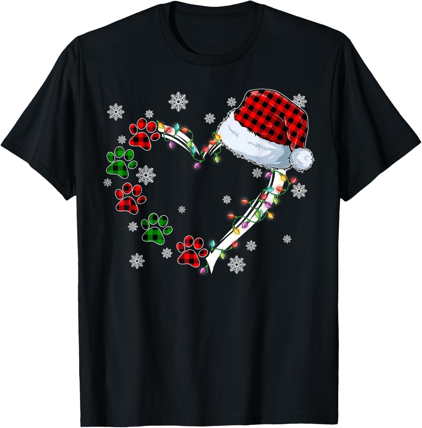 Funny Dog Cat Paws Print Heart Santa Hat Christmas Pajamas T-Shirt - T-Shirt | Black