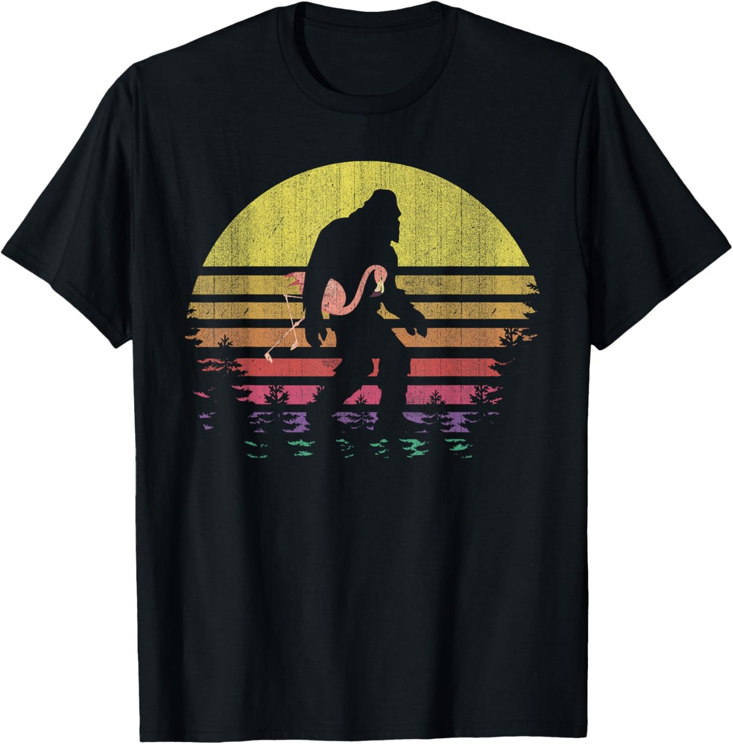 Bigfoot Flamingo Yeti Sasquatch Vintage Sunset T-Shirt - T-Shirt | Black