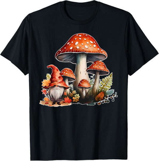 Fall Cottagecore Mushrooms and Gnome Thanksgiving T-Shirt - T-Shirt | Black