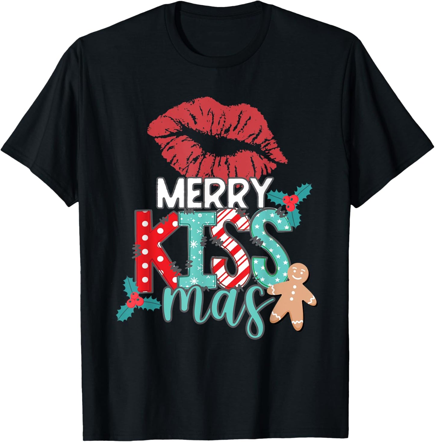 MERRY KISS-MAS Christmas Red Lips Holiday Kisses Love Xmas T-Shirt - T-Shirt | Black