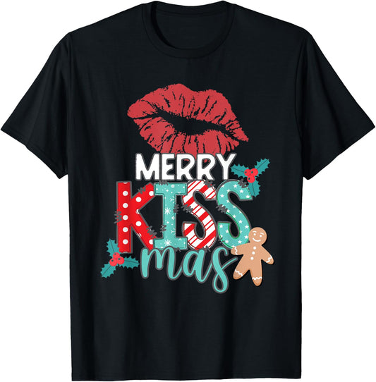 MERRY KISS-MAS Christmas Red Lips Holiday Kisses Love Xmas T-Shirt - T-Shirt | Black