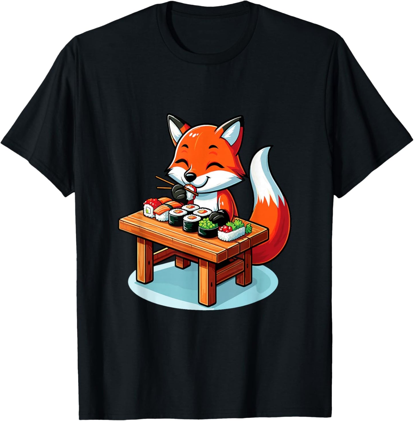 Cute Fox Eating Sushi Japanese Food Sushi Fox Lover T-Shirt - T-Shirt | Black