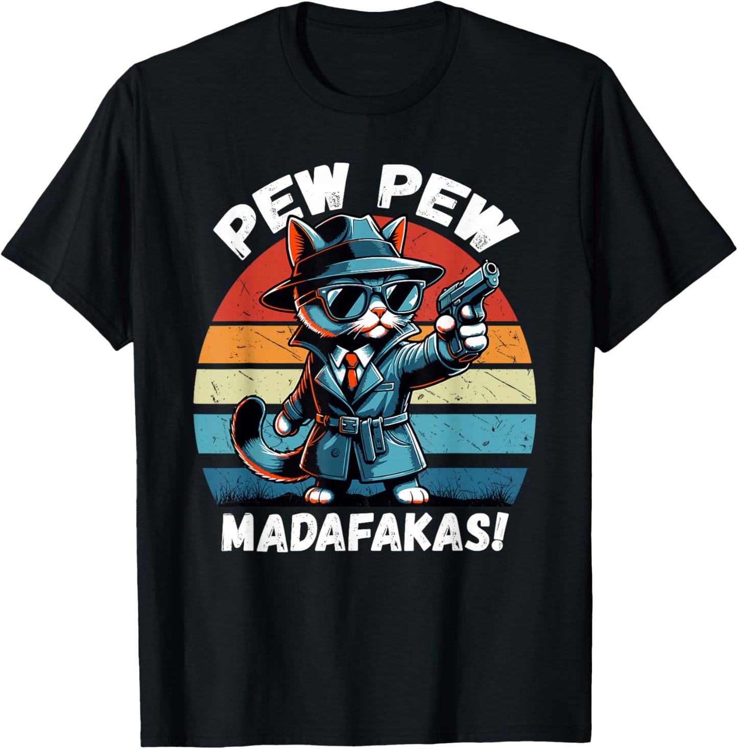 Pew Pew Madafakas Retro Vintage Funny Crazy Detective Cat T-Shirt - T-Shirt | Black