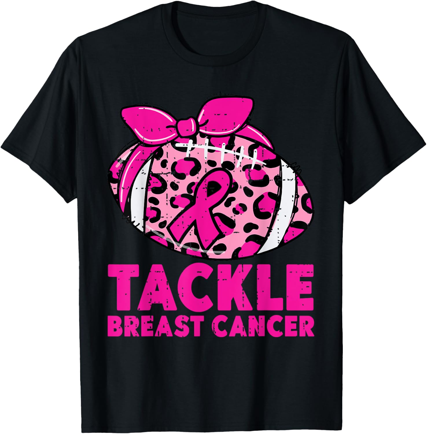 Tackle Breast Cancer Awareness Leopard Football Pink Ribbon T-Shirt - T-Shirt | Black