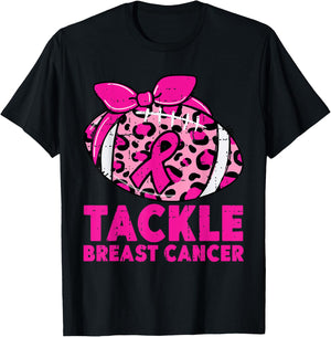 Tackle Breast Cancer Awareness Leopard Football Pink Ribbon T-Shirt - T-Shirt | Black