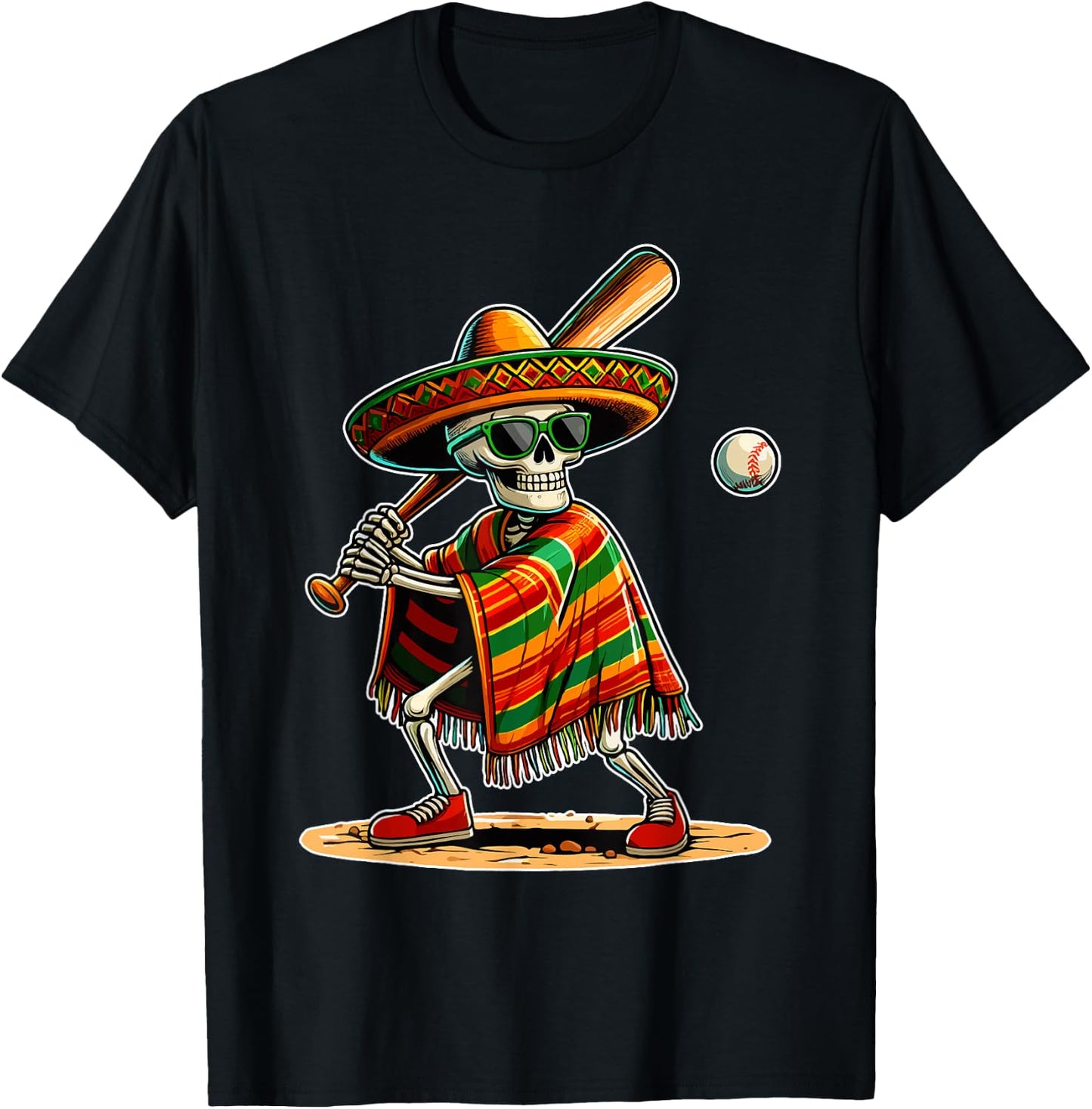 Baseball Skeleton Mexican Sombrero Cinco De Mayo T-Shirt - T-Shirt | Black
