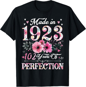 102 Year Old Made In 1923 Floral 102nd Birthday Gift Women T-Shirt - T-Shirt | Black