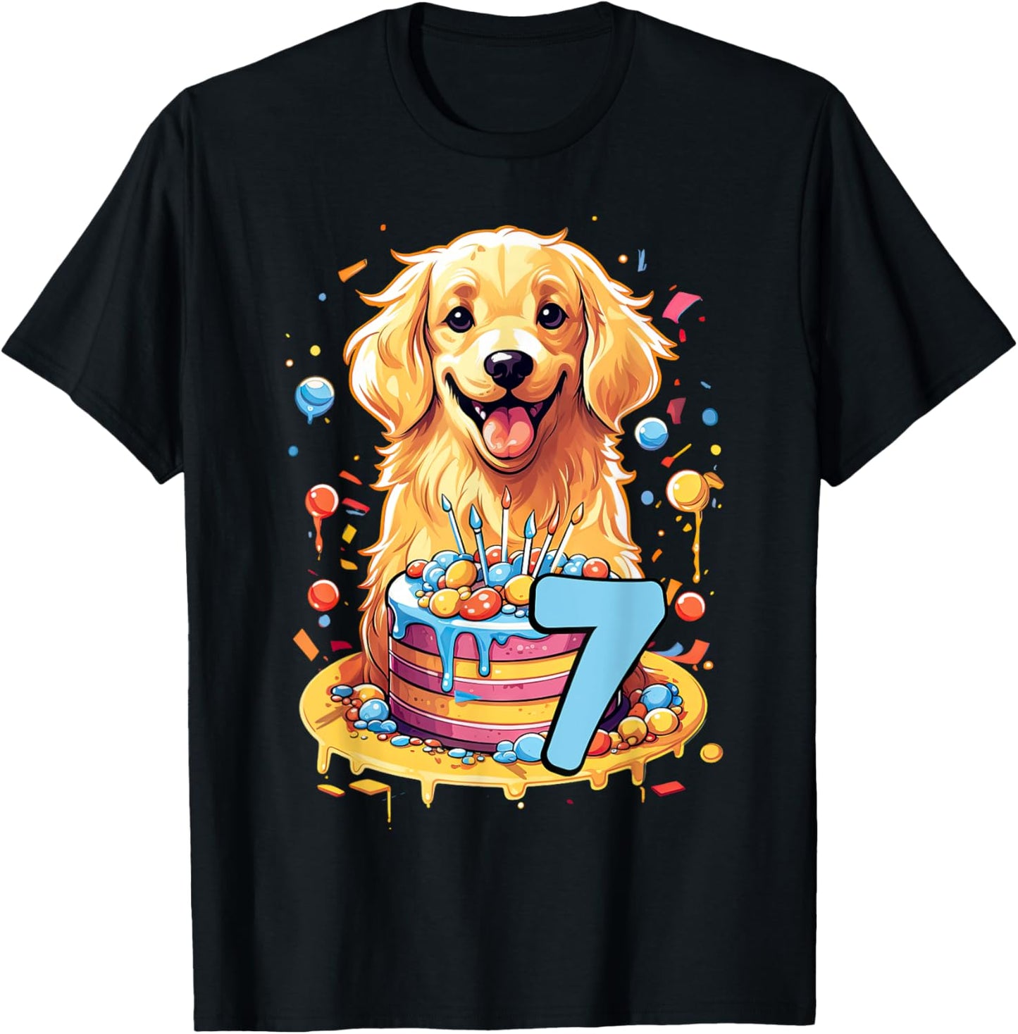 Golden Retriever Dog 7th Birthday Themed Party 7 Men Women Kids T-Shirt - T-Shirt | Black