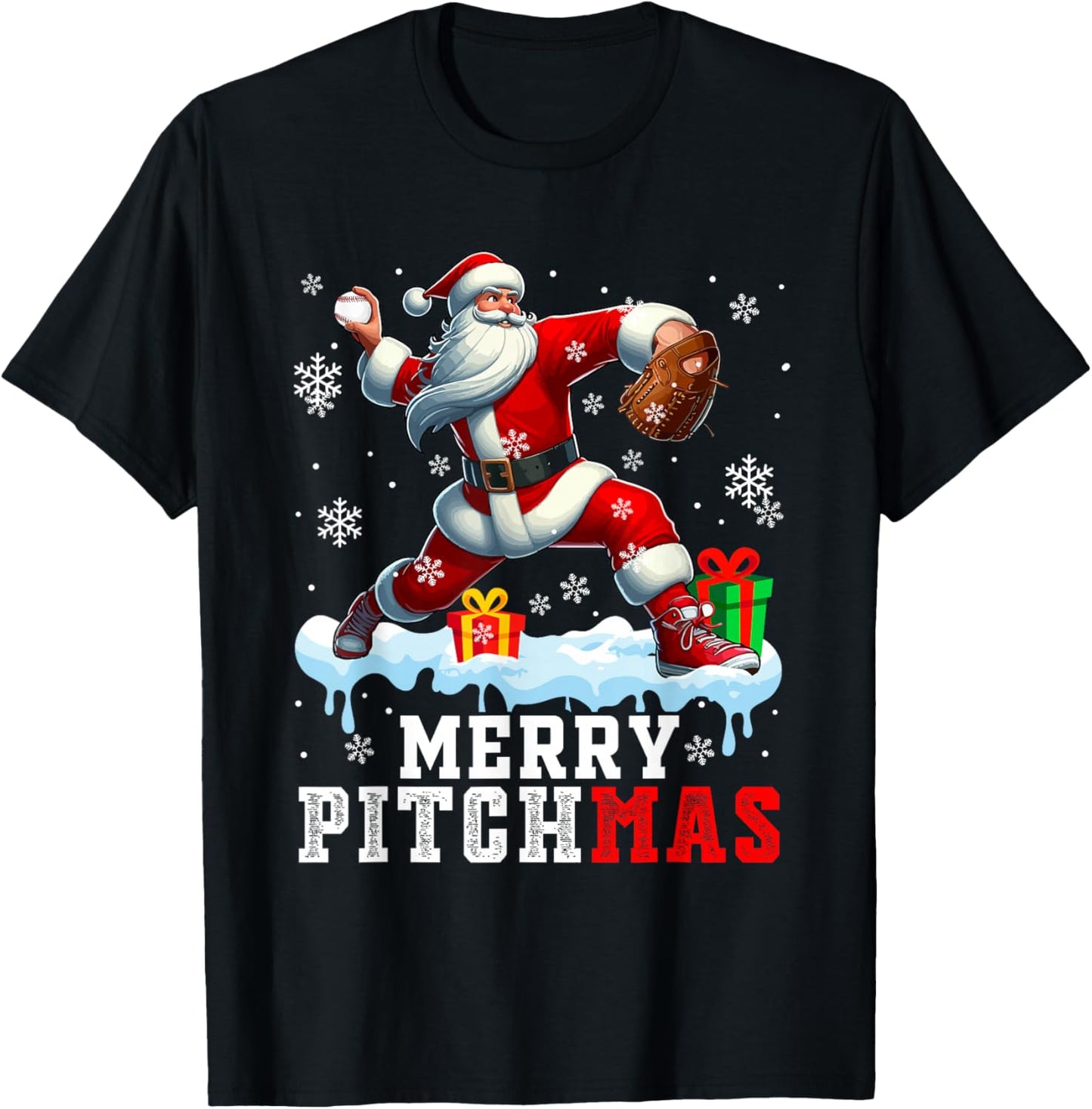 Merry Pitchmas Christmas Santa Pitcher Playing Baseball T-Shirt - T-Shirt | Black