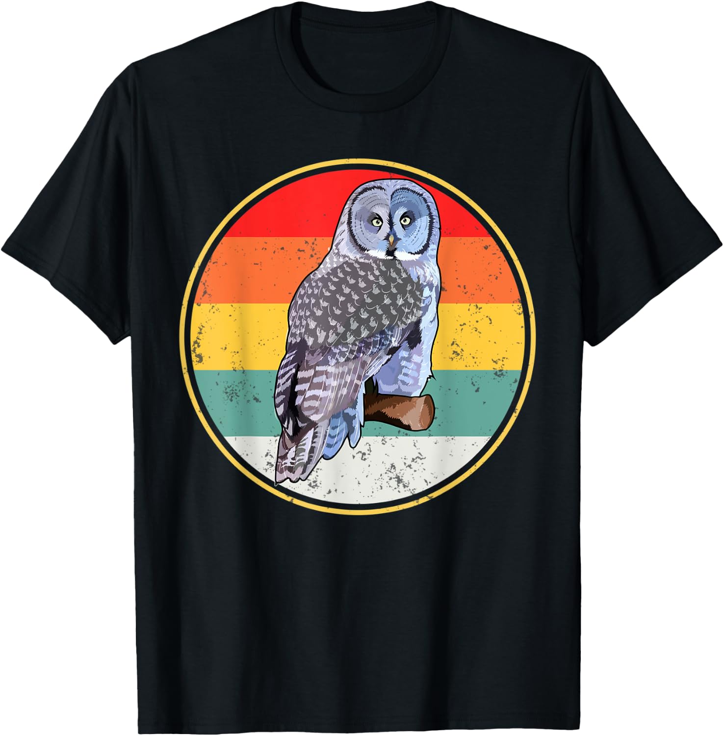 Vintage Retro Sunset Great Gray Owl Bird T-Shirt - T-Shirt | Black