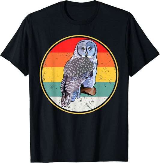 Vintage Retro Sunset Great Gray Owl Bird T-Shirt - T-Shirt | Black