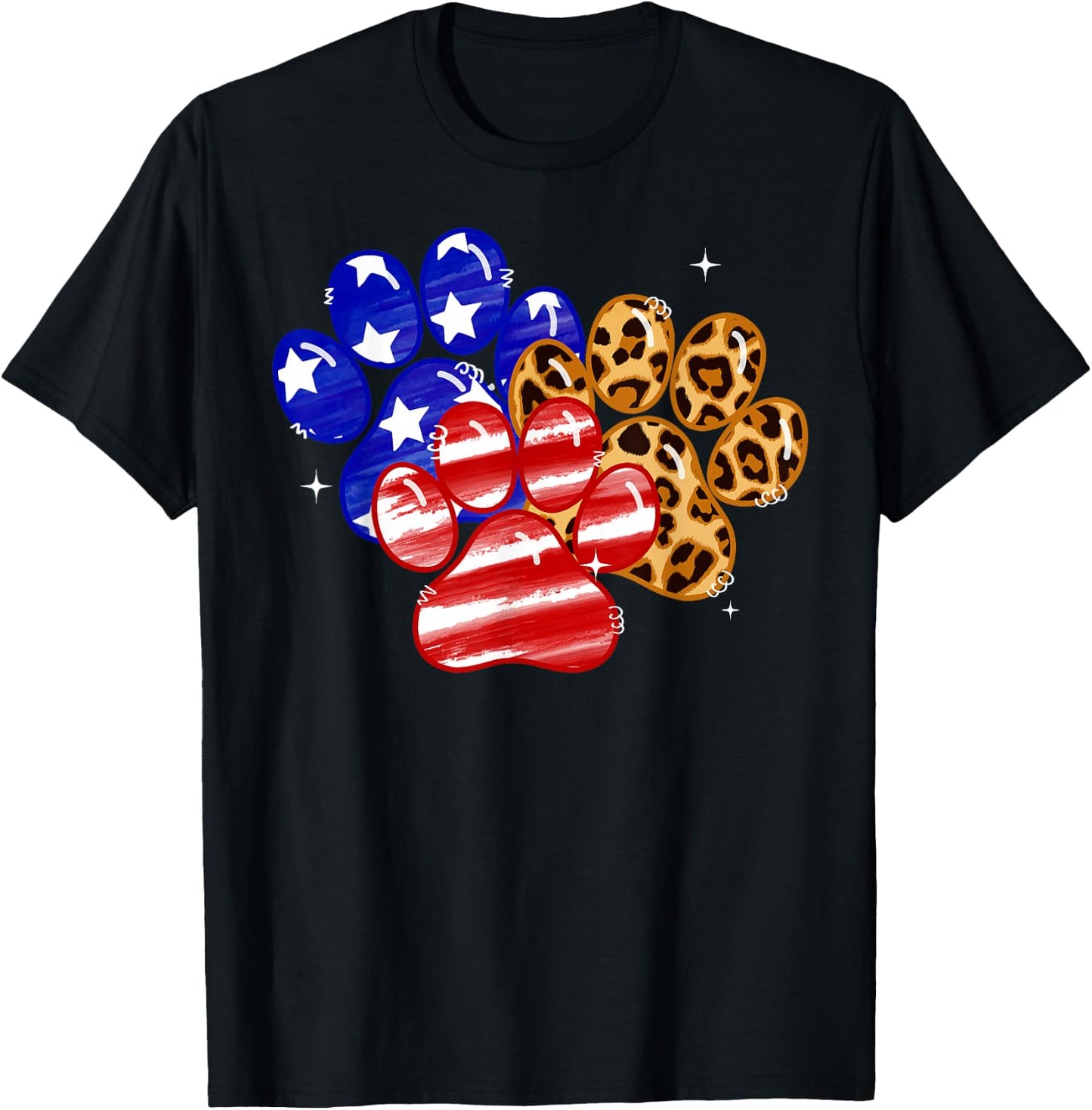 Leopard American Flag Hearts 4th Of July Dog Paw Print Cute T-Shirt - T-Shirt | Black
