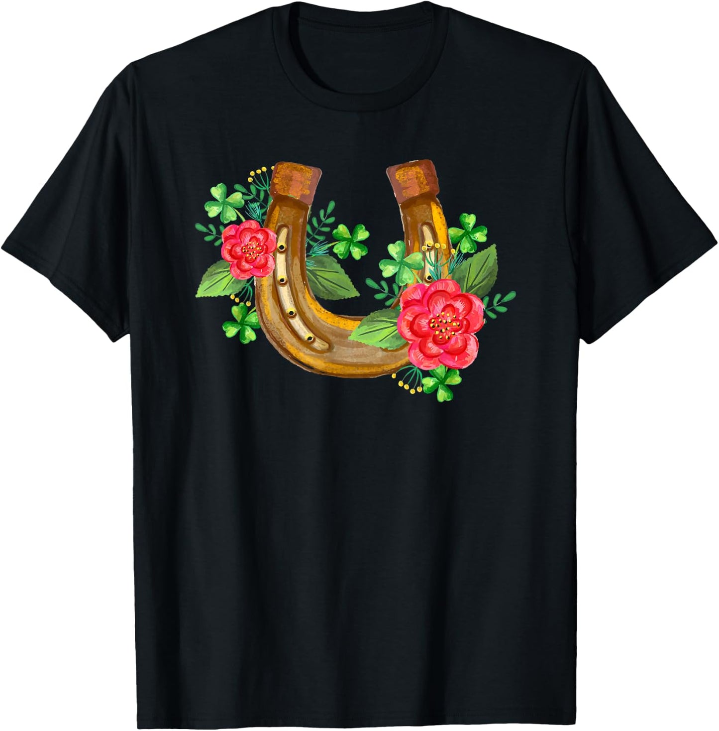 Good Luck Horseshoe Shamrock Horse Lover St. Patrick's Day T-Shirt - T-Shirt | Black