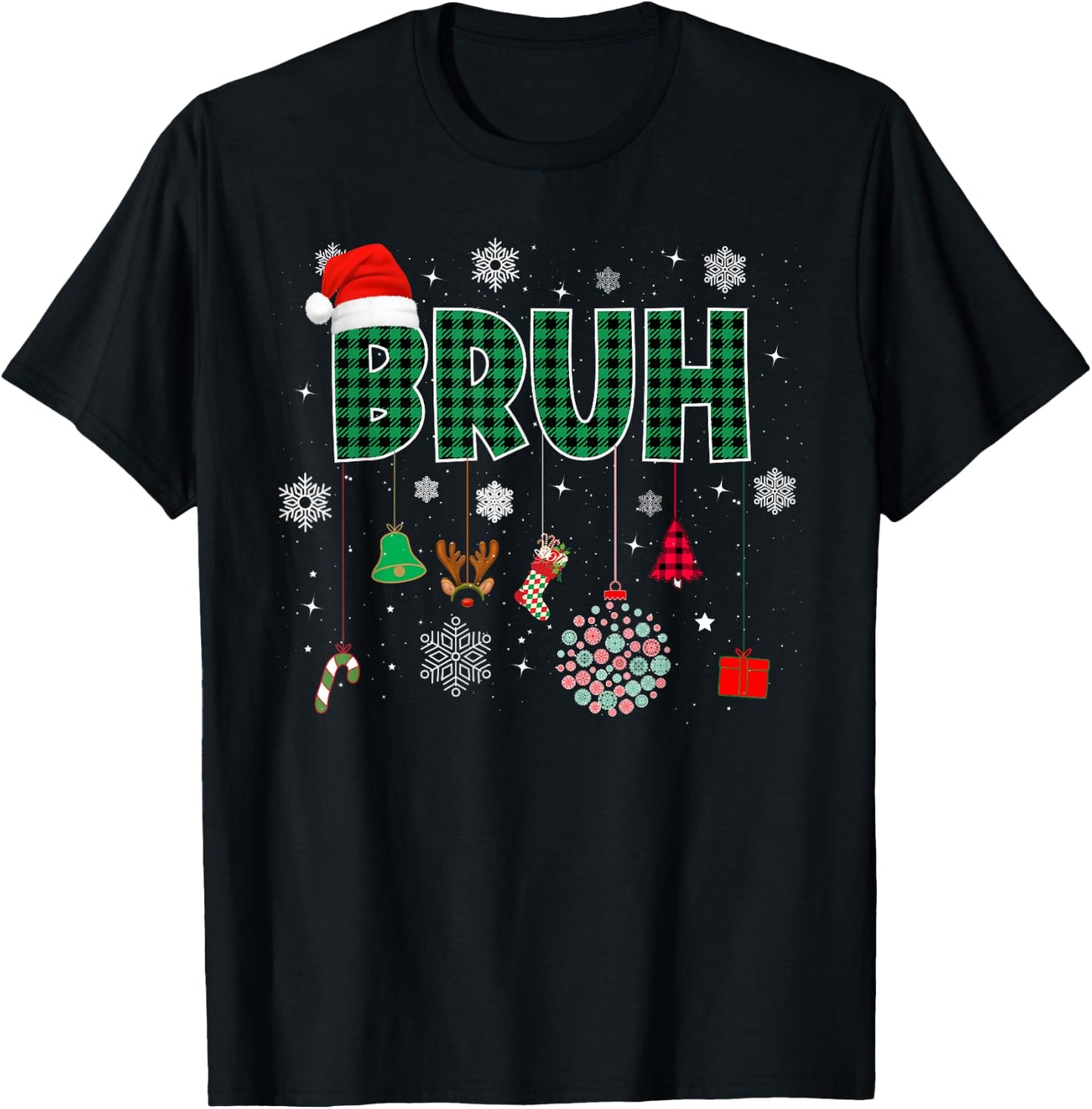 Bruh Christmas Green Plaid Boys Kids Girls Xmas Pajamas T-Shirt - T-Shirt | Black