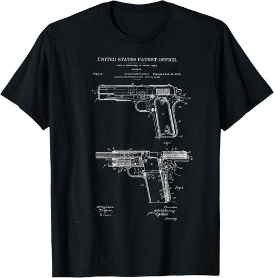 1911 Retro Vintage Handgun Diagram Blueprint Pistol 45ACP T-Shirt - T-Shirt | Black