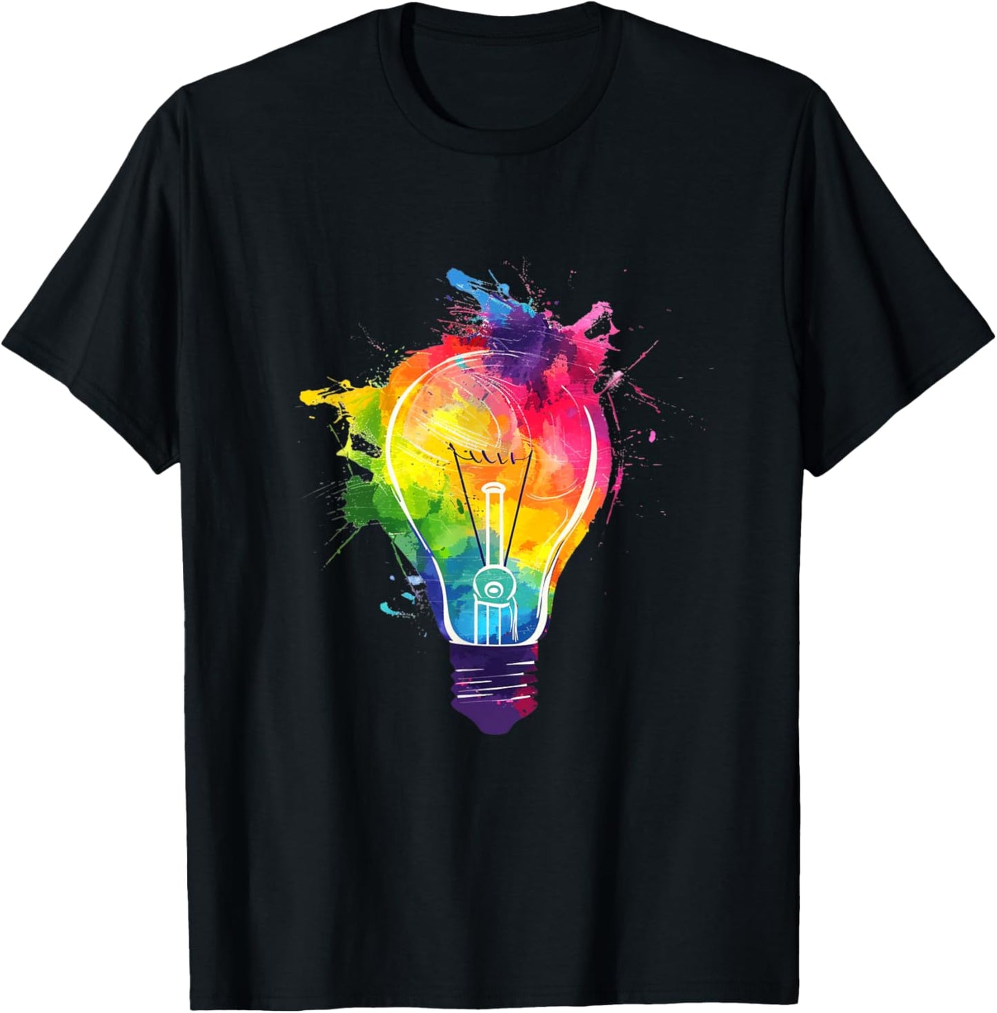 Creative Colorful Light Bulb Artistic Paint Splash T-Shirt - T-Shirt | Black