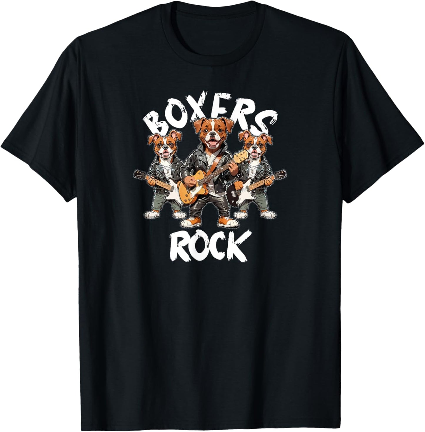 Boxers Rock Cool Boxer Dog Trio Rocking Playing Guitar Men Women Kids T-Shirt - T-Shirt | Black