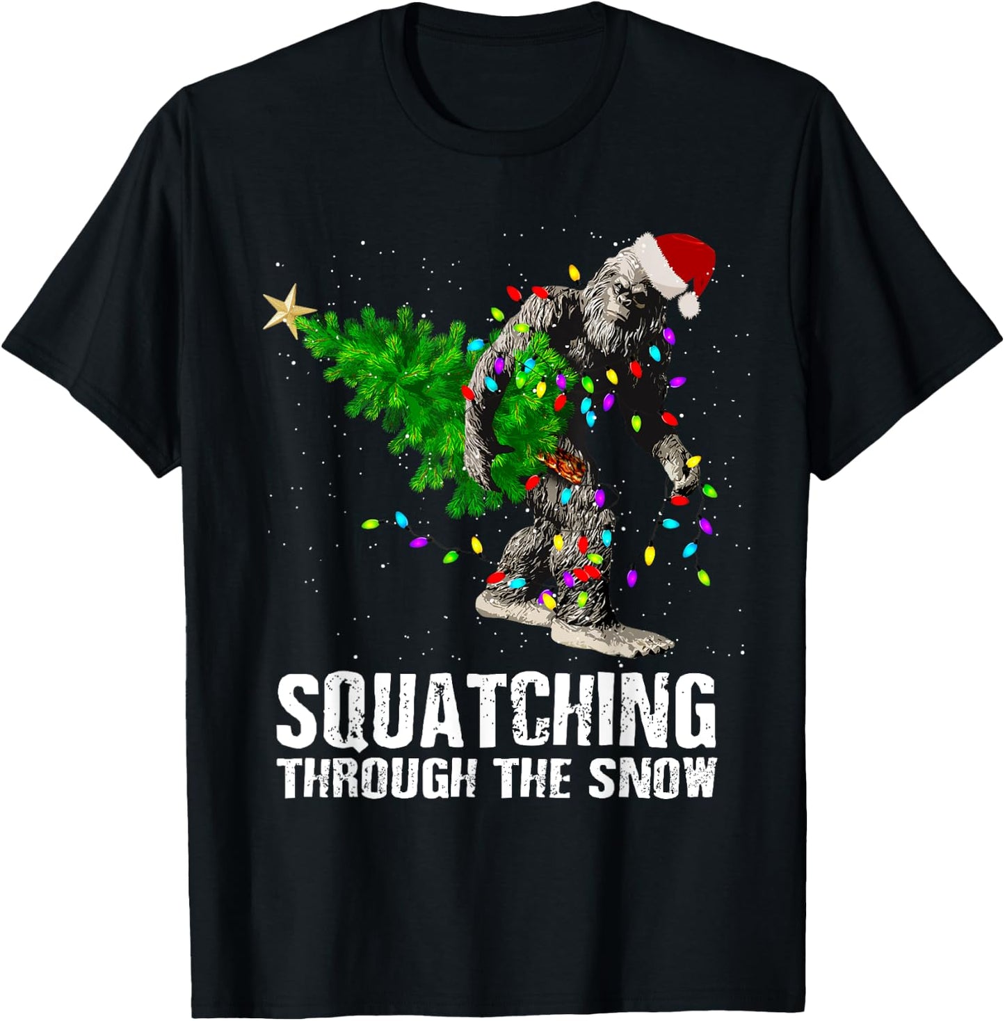 Bigfoot Squatching Through the Snow Christmas Tree T Shirt T-Shirt - T-Shirt | Black