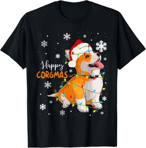 Corgi Christmas Tree Light Santa Hat Dog Gift Kid Girl Women T-Shirt - T-Shirt | Black