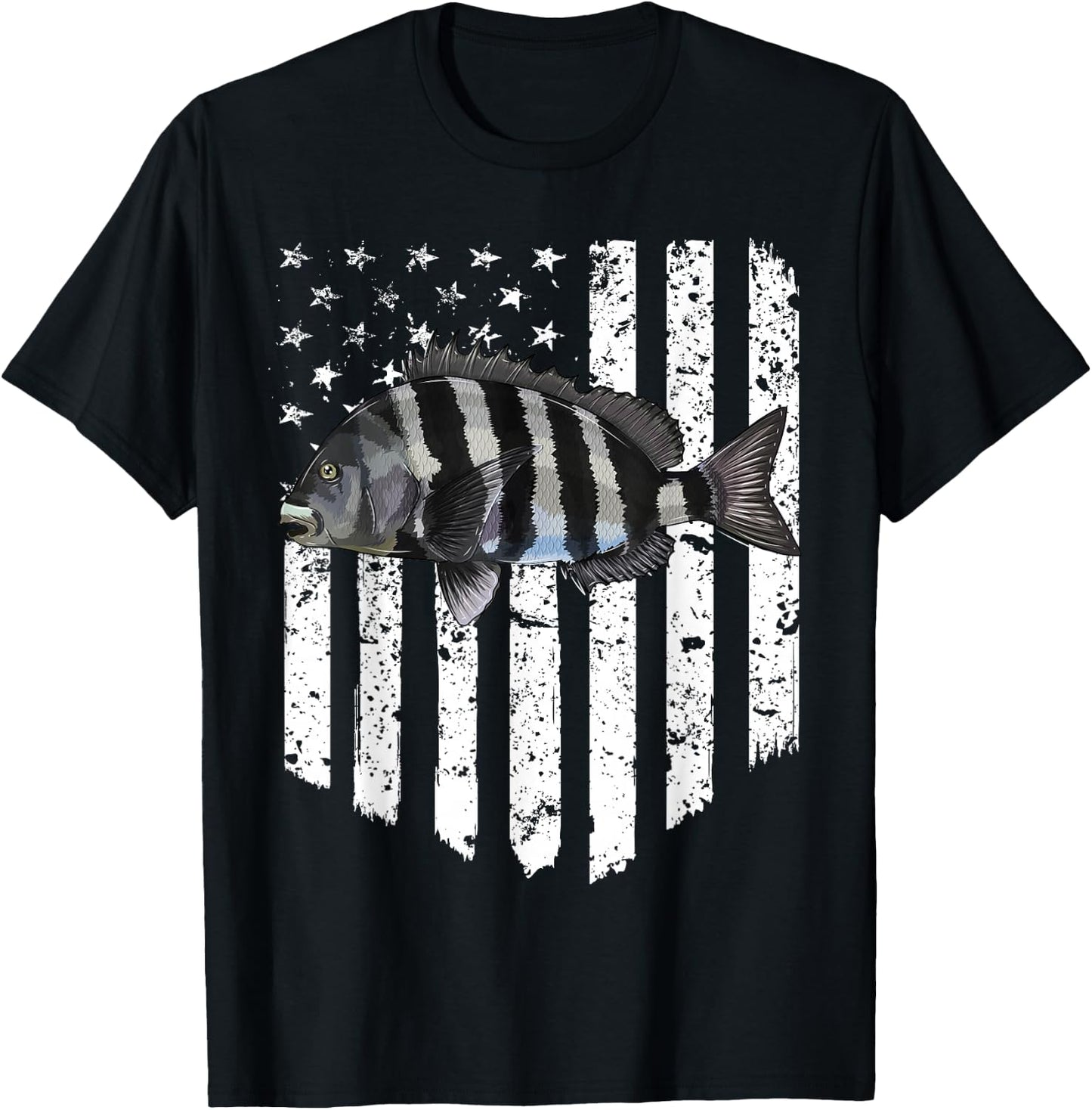 Black White American Flag Sheepshead 4th Of July Fish T-Shirt - T-Shirt | Black