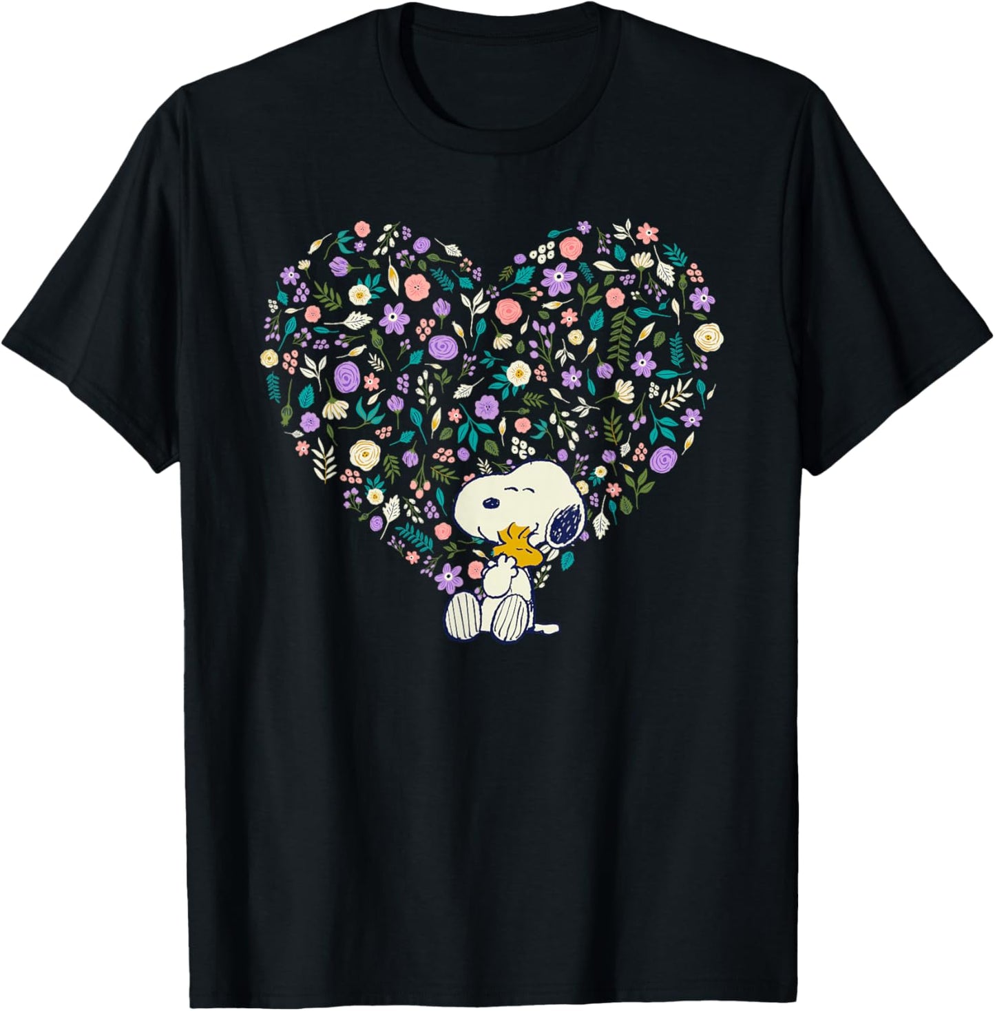 Peanuts Snoopy & Woodstock Hug Floral Heart T-Shirt - T-Shirt | Black