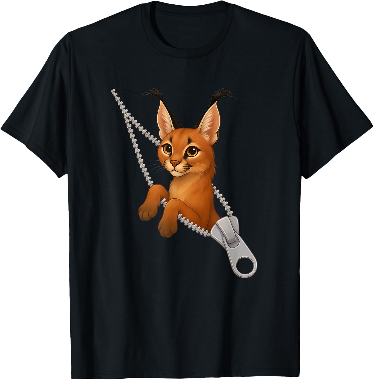 Funny Caracal Cat Cute Zipper T-Shirt - T-Shirt | Black
