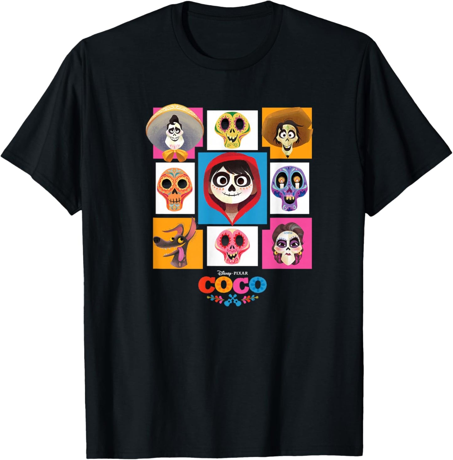 Disney Pixar Coco Main Characters Group Shot Chest Panels T-Shirt - T-Shirt | Black