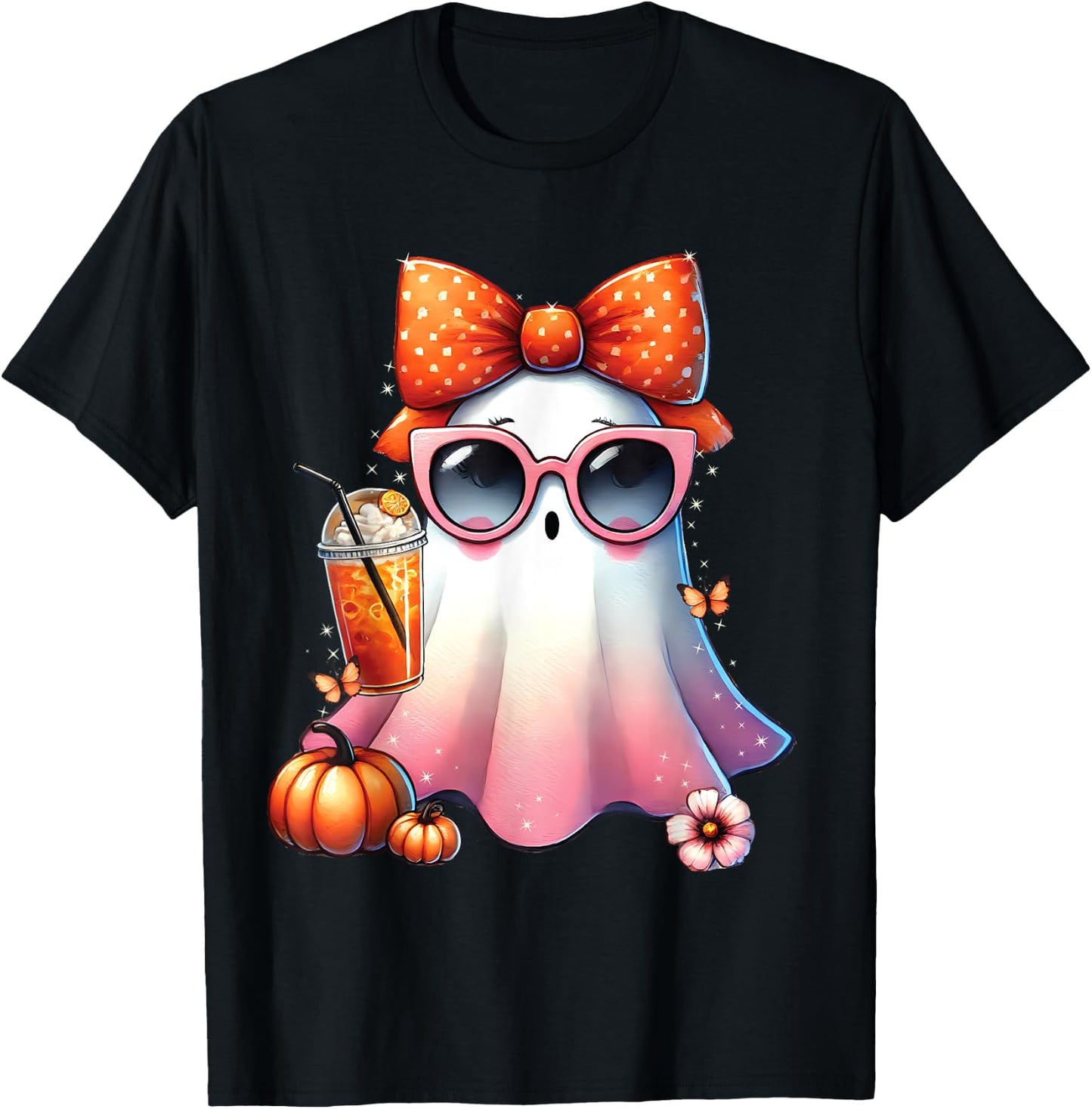 Cute Ghost Drinking Coffee With Halloween Bow Women Girls T-Shirt - T-Shirt | Black