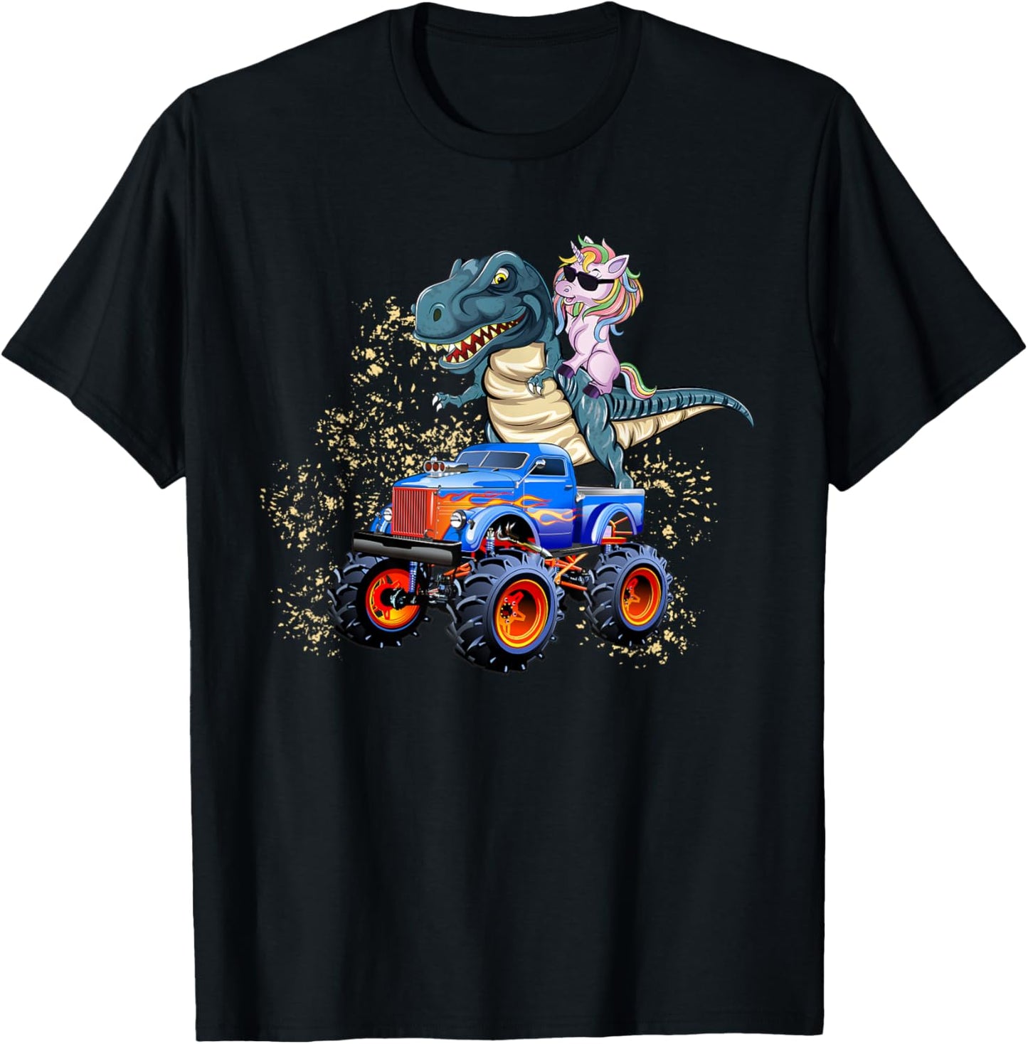 Unicorn Riding T rex Monster Truck Boys Girls Unicorn T-Shirt - T-Shirt | Black