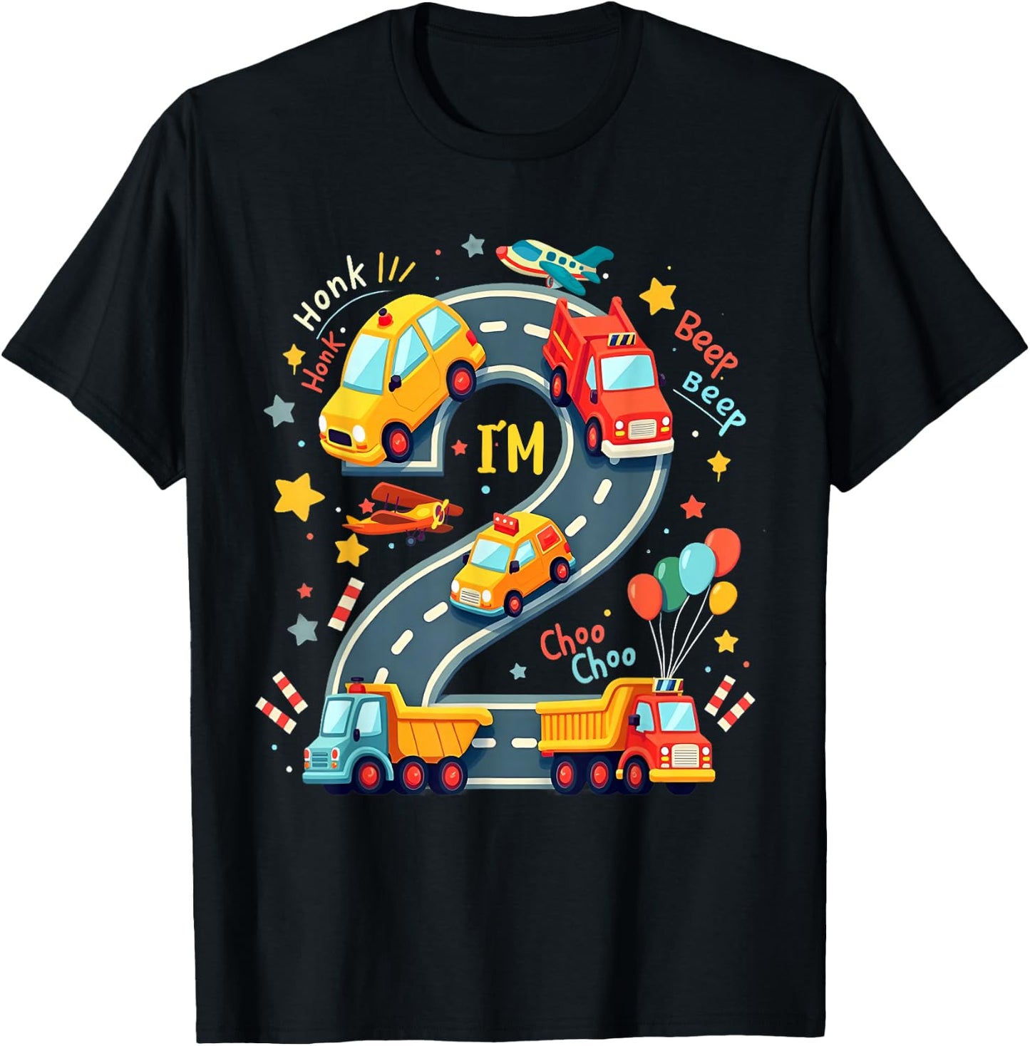 2 Year Old Birthday Boy Party Truck Car Transportation Kids T-Shirt - T-Shirt | Black