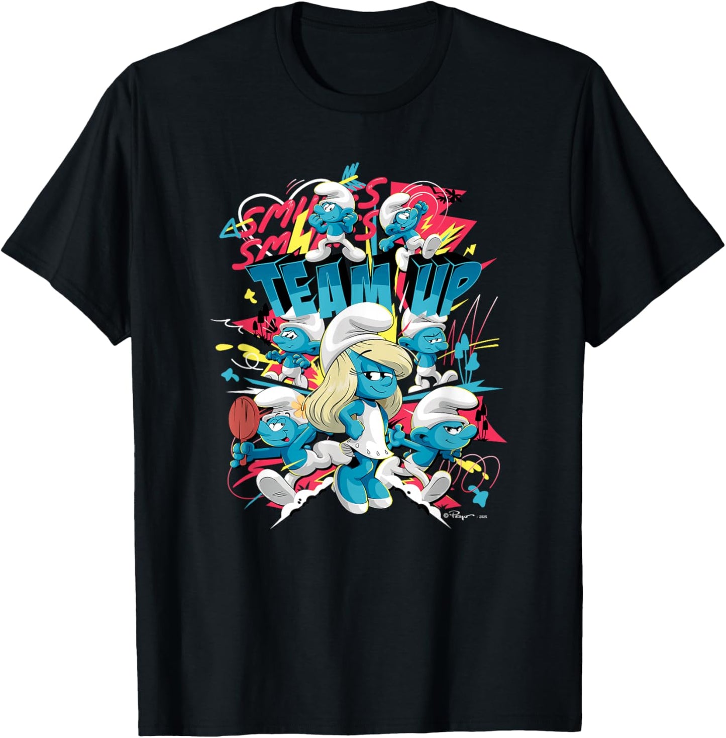 The Smurfs Movie Village Team Up Retro Cartoon T-Shirt - T-Shirt | Black