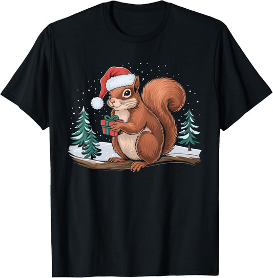 Squirrel Christmas Santa Hat Christmas Vacation Squirrel T-Shirt - T-Shirt | Black