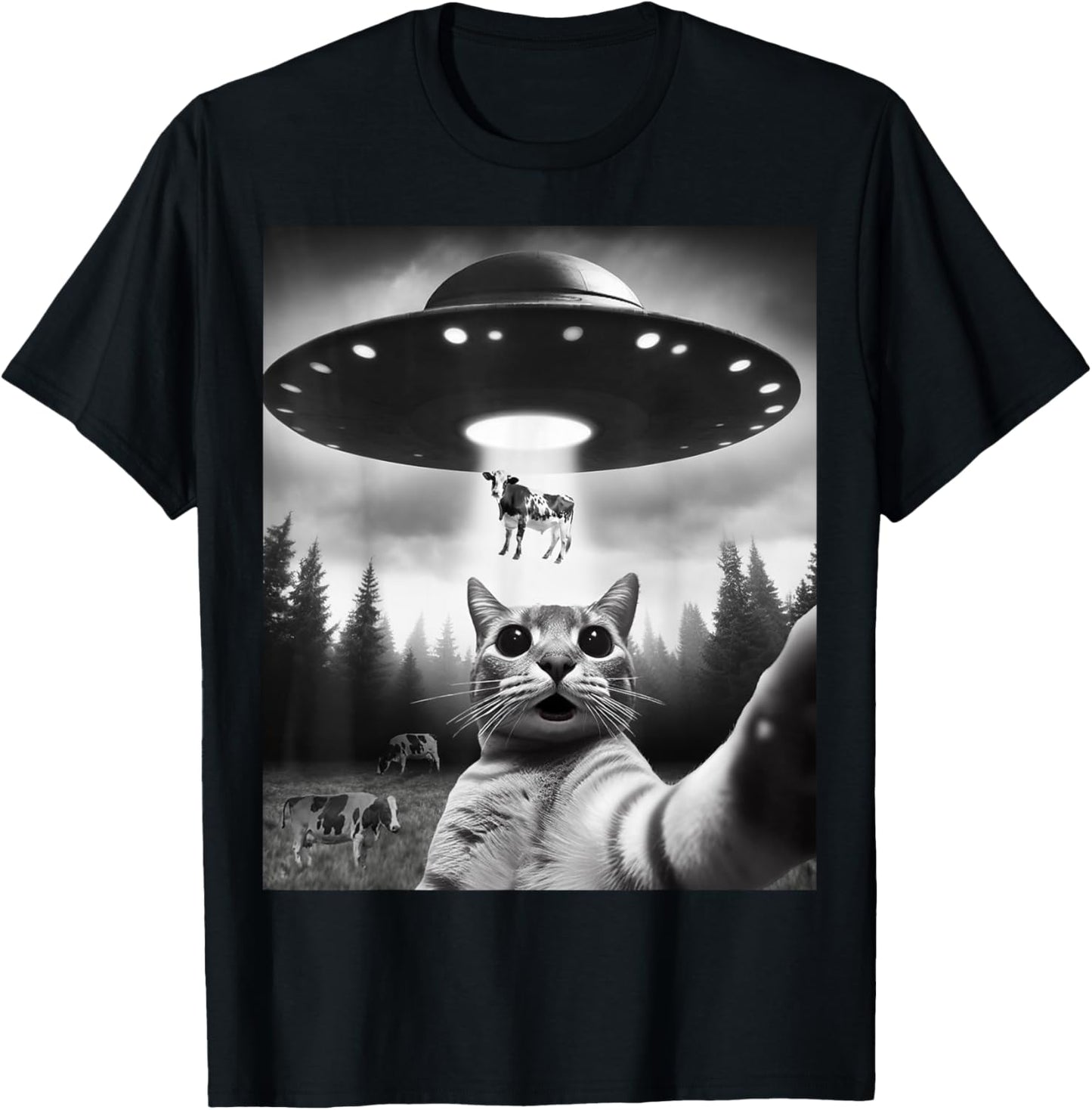 Funny Cat Selfie Flying Alien UFO Abducting Cow Cryptid Men Women Girls Kids T-Shirt - T-Shirt | Black