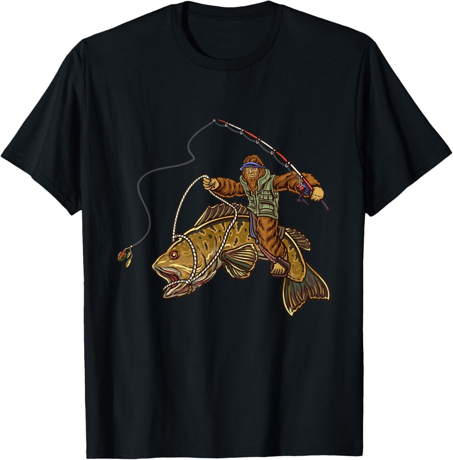 Smallmouth Bass Fishing Bigfoot Fisherman T-Shirt - T-Shirt | Black